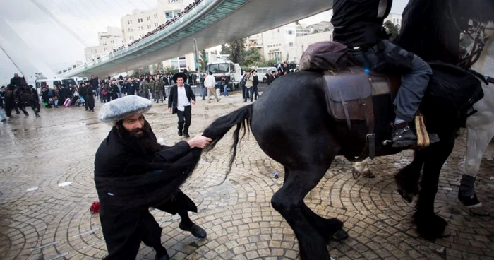 Un protestatar ultraortodox, atacând calul unuia dintr epoliţiştii israelieni. FOTO Reuters