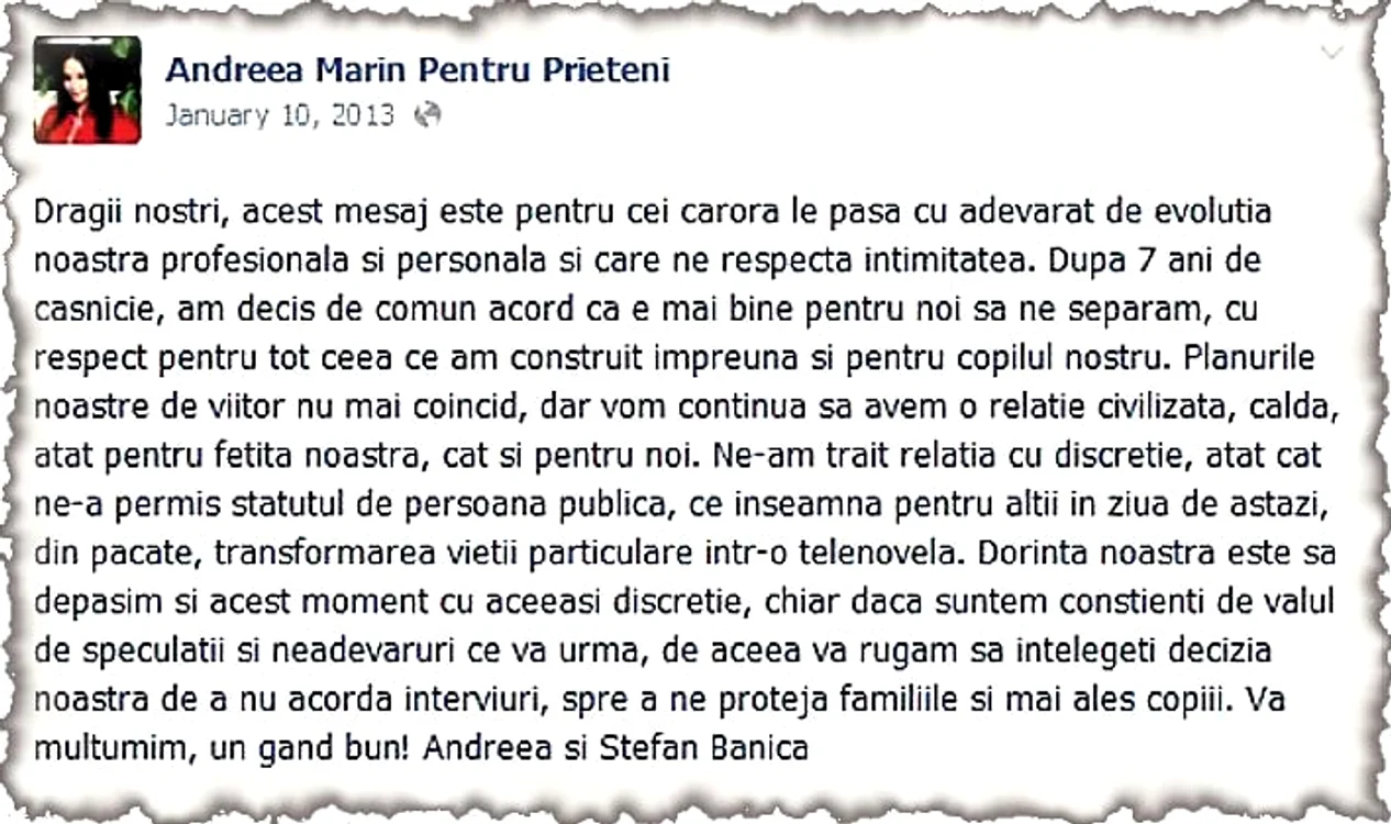Ştefan şi Andreea  au postat pe paginile  lor de Facebook acelaşi  mesaj de despărţire