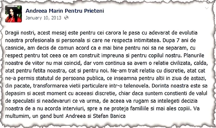Ştefan şi Andreea au postat pe paginile lor de Facebook acelaşi mesaj de despărţire