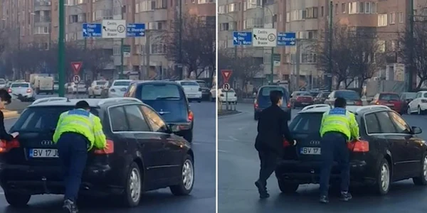 politist din bv impingand o masina foto captura video facebook cristian popa
