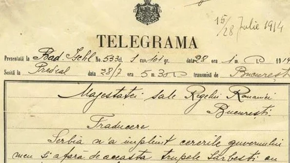Document inedit publicat de MNIR Telegrama împăratului Austriei, Franz Joseph, către regele Carol I al României: Am atacat Serbia jpeg