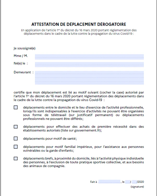 Așa arată declarația pe care trebuie s-o completeze francezii ori de câte ori ies din casă