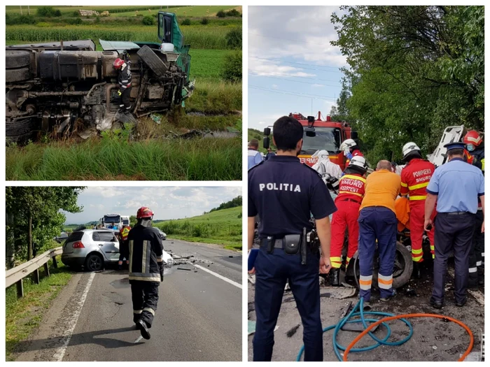 În accident au fost rănite două persoane. Camionul a ajuns pe câmp. Foto: ISU Alba