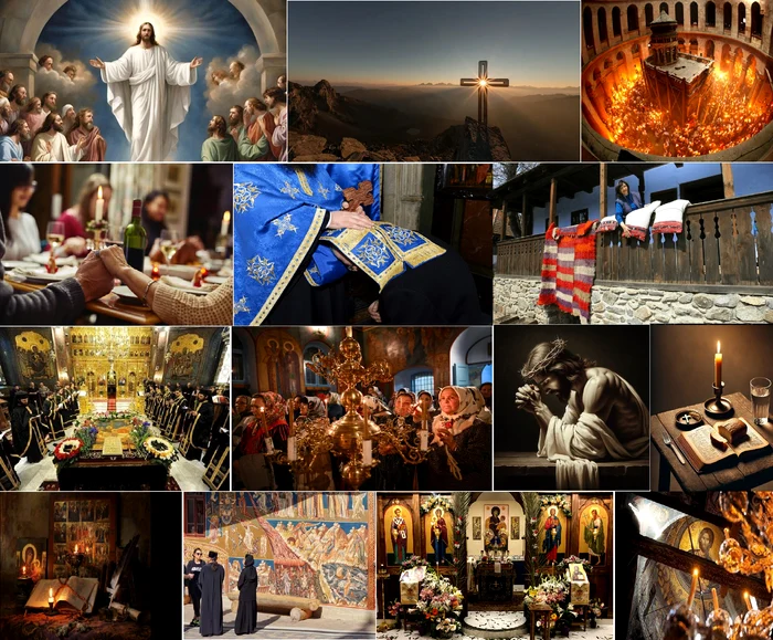 Colaj de imagini ilustrând momente semnificative din Postul Paștelui