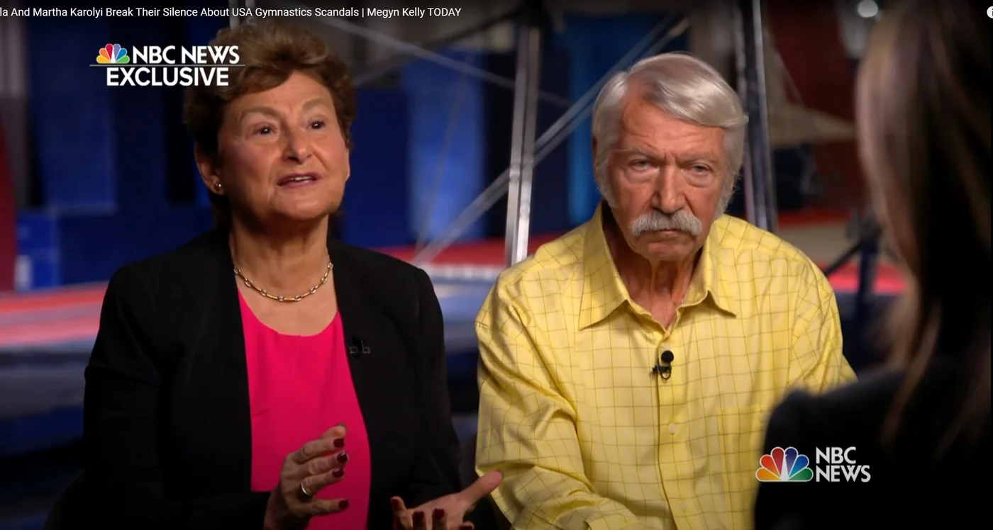 Marta și Bela Karolyi, acum câțiva ani, într-un studio la postul de televiziune NBC  