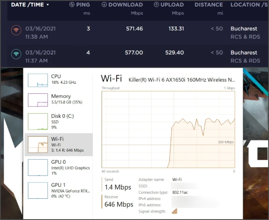 Acer Predator Triton 300 test retea wireless