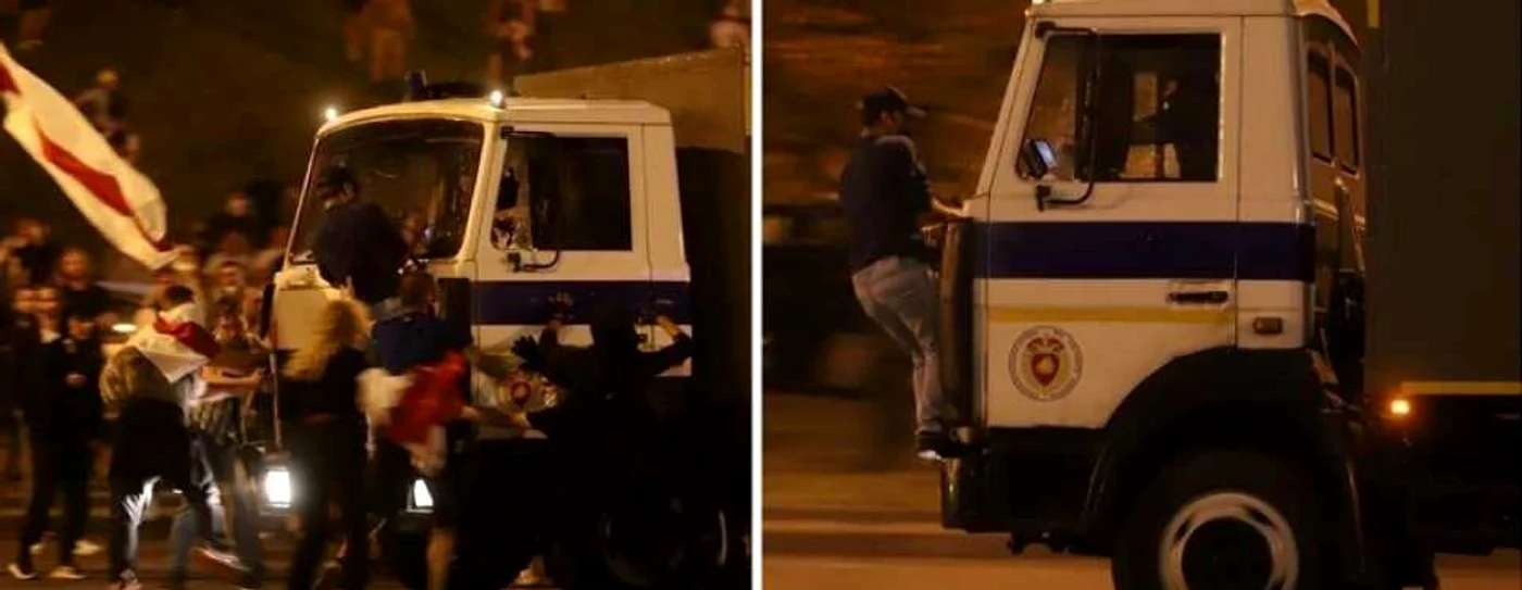 FOTO nn.by Momentul în care o autospecială a forţelor de ordine intră în mulţime