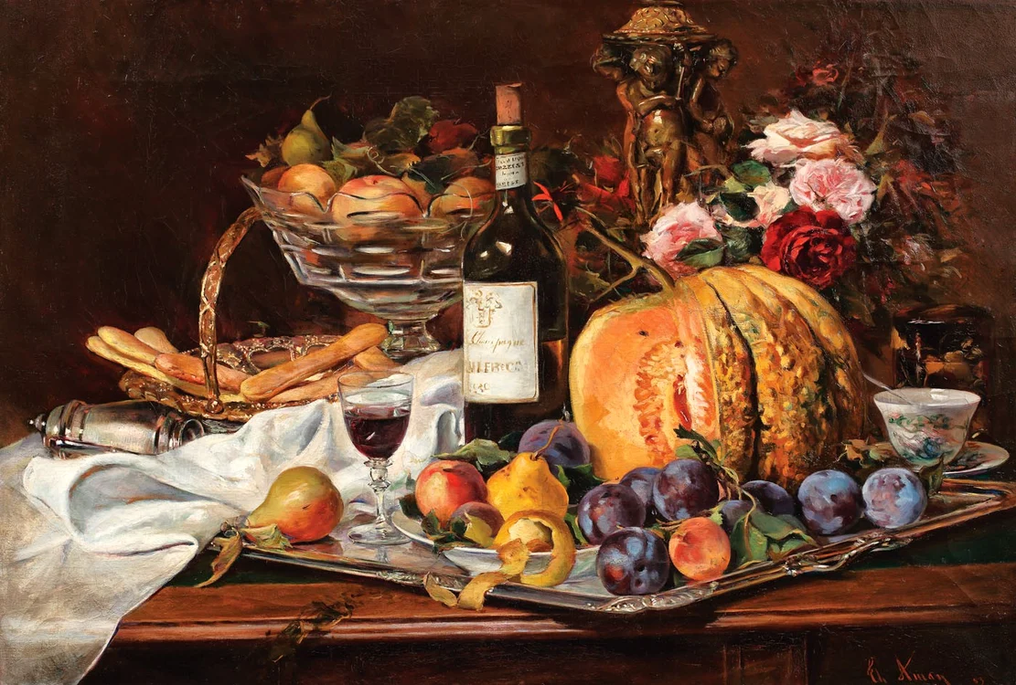 „După petrecere (Natură statică cu fructe şi vin franţuzesc)” de Theodor Aman