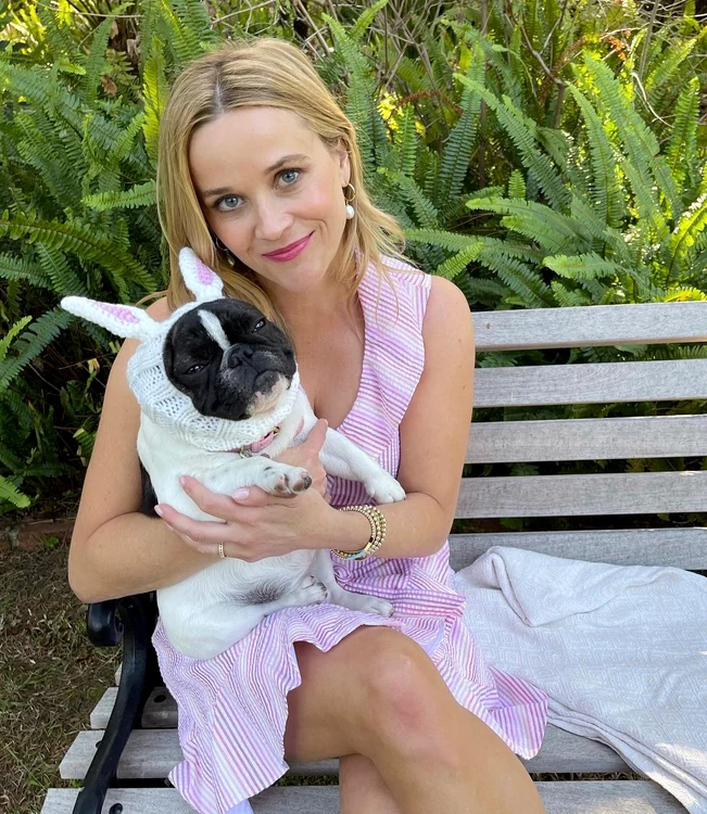 
    Reese Witherspoon, 45 de ani, i-a făcut căciuliță cu urechi bulldogului ei francezfoto: Instagram  