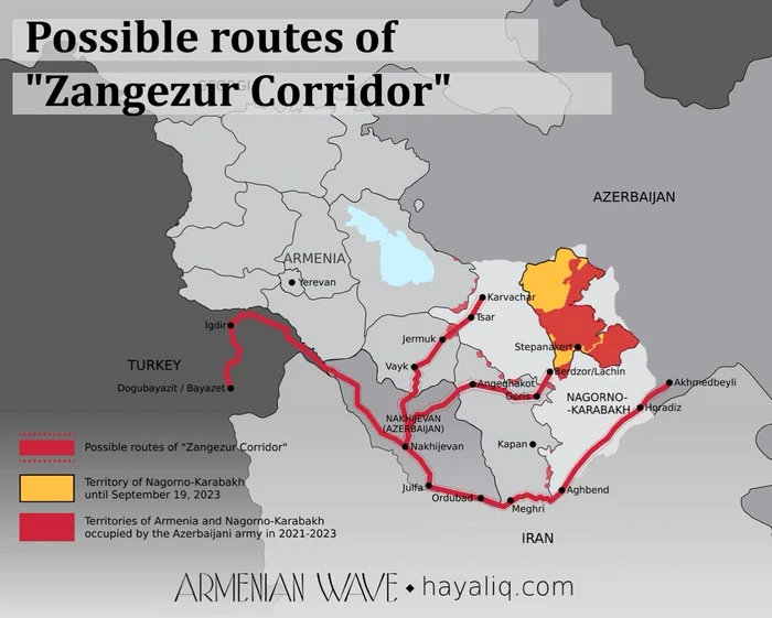 Rute posibile ale „Coridorului Zangezur”. Sursa: European Security & Defence