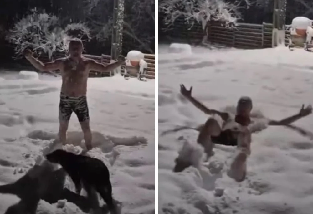 Imagini inedite cu fostul șef ANAF. Lucian Heiuș a făcut baie în zăpadă, la bustul gol: „După două zile fără energie electrică”