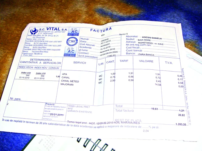 Ultima factură, cu  tot cu penalizări, se  ridică la 1.203 lei