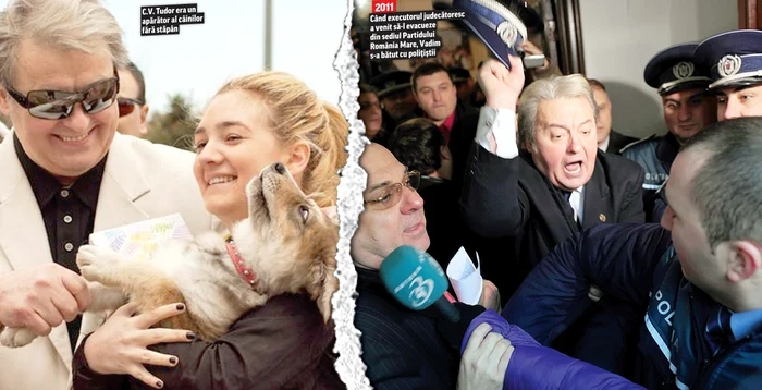Stânga: C.V. Tudor era un apărător al câinilor fără stăpân. Dreapta: Când executorul judecătoresc a venit să-l evacueze din sediul Partidului România Mare, Vadim s-a bătut cu poliţiştii - 2011Foto: arhivă Click!