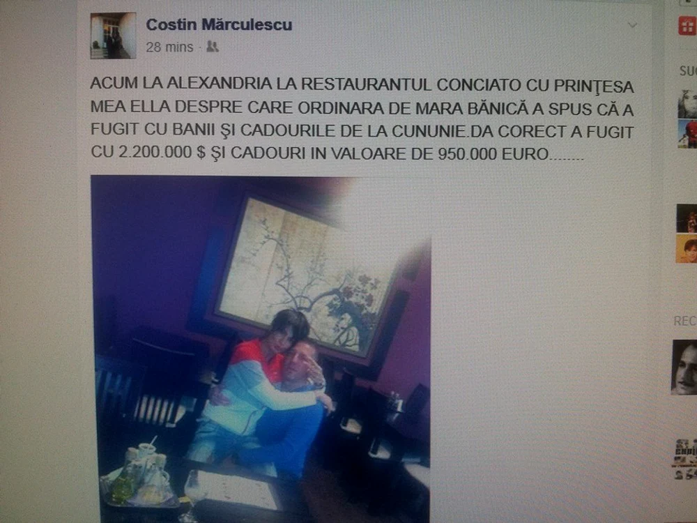Mesajul postat pentru câteva minute de Costin Mărculescu pe pagina sa de Facebook
