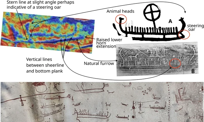 Barca 3 din panoul 2 Santo Adrião cu detalii care indică paralele directe cu imaginile bărcilor din sudul Scandinaviei (© PLOS ONE, reprinted under a CC BY 4.0 license, with permission from Boel Bengtsson)
