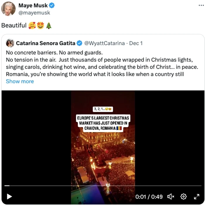 Postarea mamei lui Elon Musk / Foto: captură X