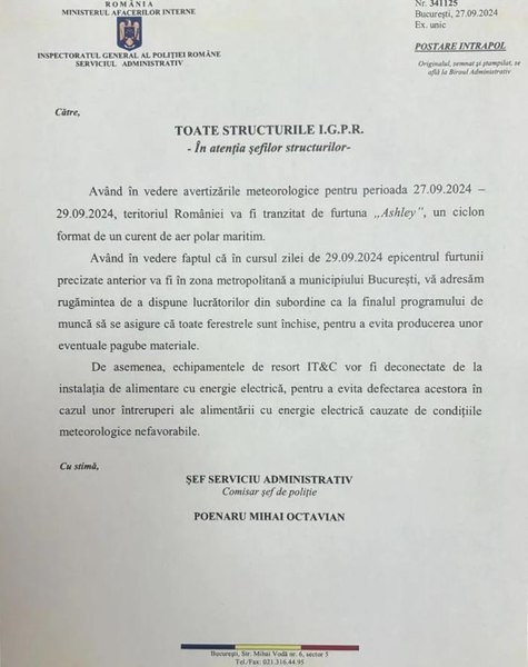 Un document intern MAI le recomandă poliţiştilor să deconecteze calculatoarele şi alte dispozitive în timpul furtunii