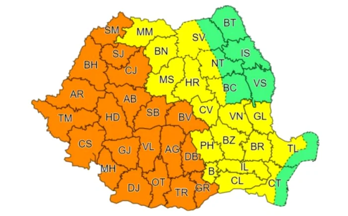 Cea mai mare parte a țării de află sub avertizarea cod galben și cod portocaliu