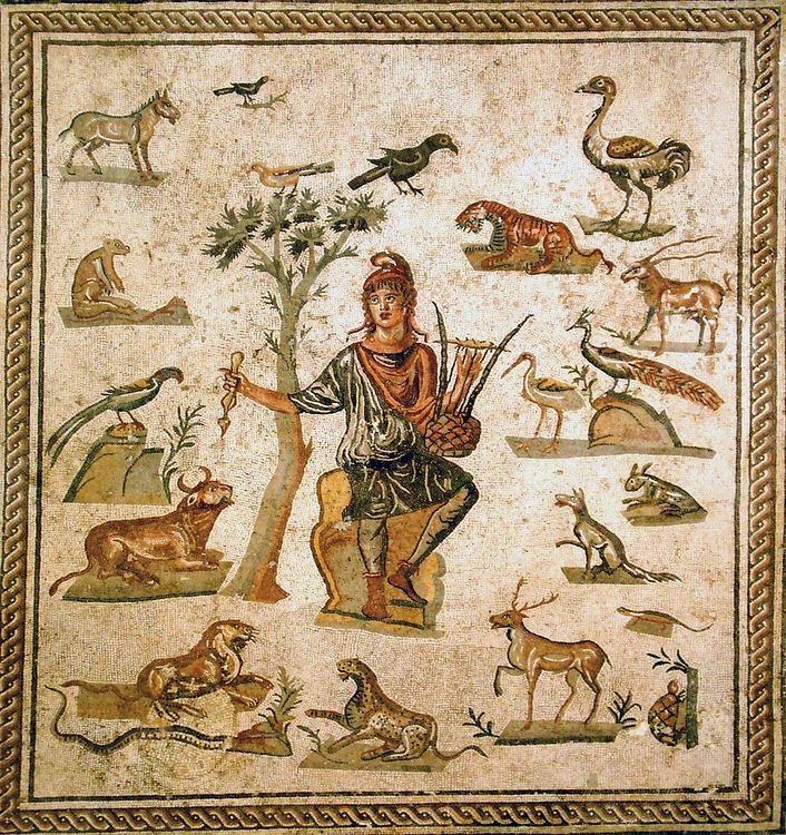 Orfeu în mijlocul animalelor. Mozaic roman din Museo archeologico regionale di Palermo