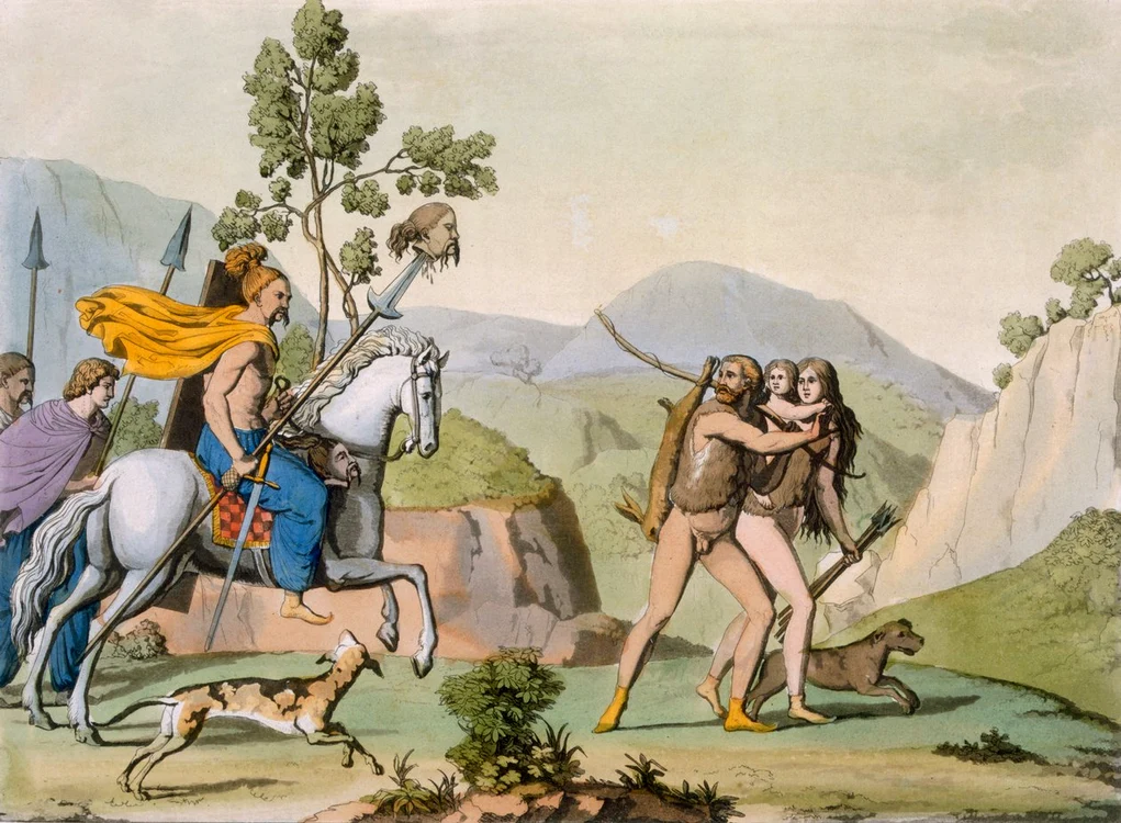 Italian School   Ancient Celtic warriors on a foray encounter a couple out hunting c1800 18 (colo   (MeisterDrucke 1425965) jpg