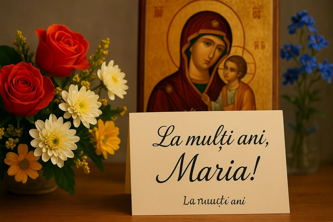 Felicitare de Sfânta Maria Mare, cu mesajul «La mulți ani, Maria!», alături de o icoană și flori DMS