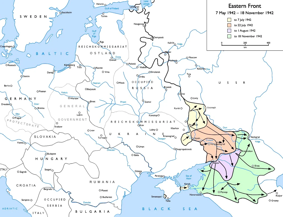 Harta Frontului de Est, în perioada 7 Mai – 18 Noiembrie 1942 (© Wikimedia Commons)