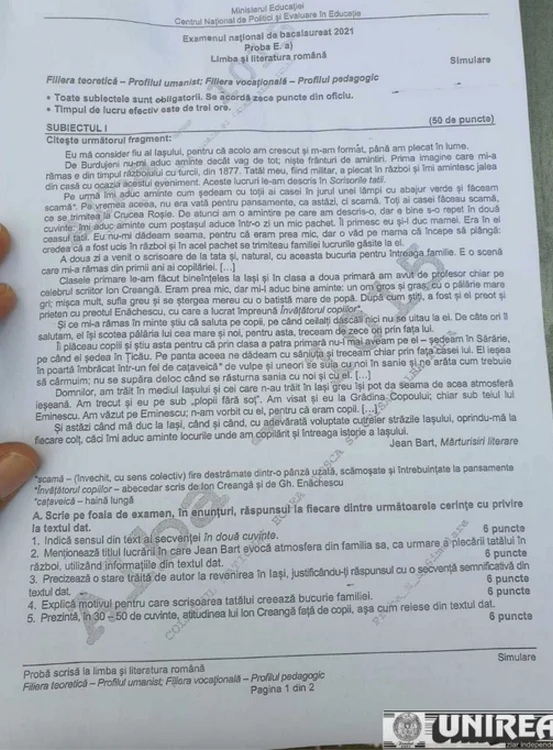 subiecte simulare Bac romana uman foto Ziarul Unirea 