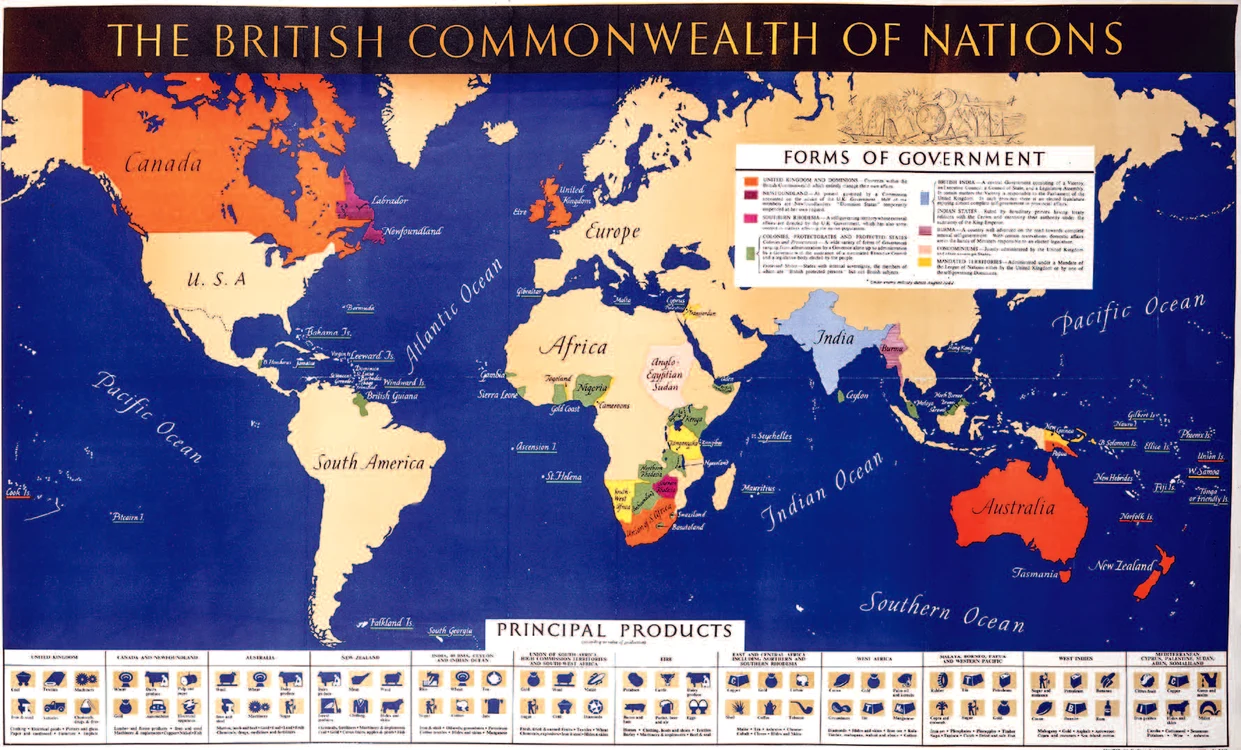 Harta Commonwealth-ului britanic în anii celui de-Al Doilea Război Mondial. Discursurile suveranilor britanici aminteau tuturor locuitorilor din Commonwealth că trebuie să fie uniți în jurul Coroanei.