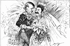 „Oare cât va dura luna de miere?” Caricatură de Clifford Berryman, care ironizează Pactul Ribbentrop-Molotov, publicată de ziarul american „The Washington Star” la 9 octombrie 1939 (© Wikimedia Commons)