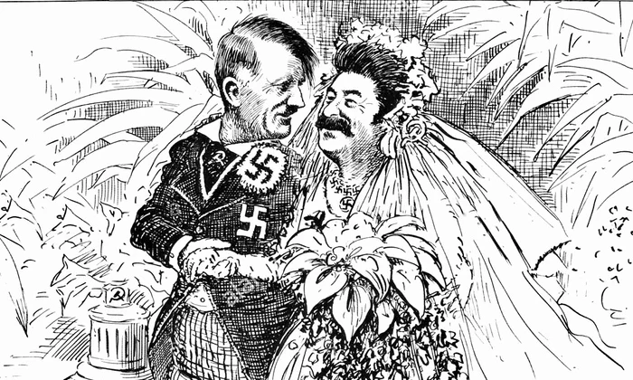 „Oare cât va dura luna de miere?” Caricatură de Clifford Berryman, care ironizează Pactul Ribbentrop-Molotov, publicată de ziarul american „The Washington Star” la 9 octombrie 1939 (© Wikimedia Commons)
