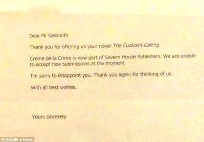 scrisoare de respingere editura jk rowling