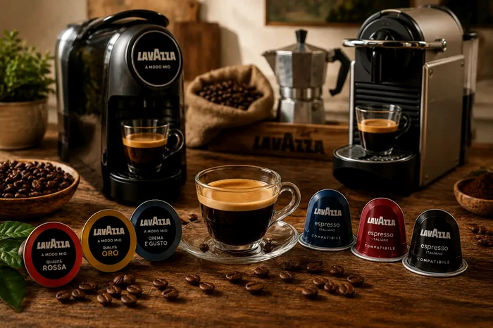 Două espressoare cu capsule Lavazza preparând diferite tipuri de cafea Foto Coffee Pods