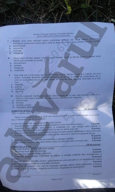 Subiectele de la Psihologie