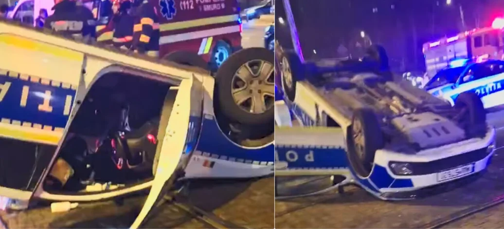Mașina de poliție s-a răsturnat. FOTO Facebook Infotrafic Bucuresti Ilfov