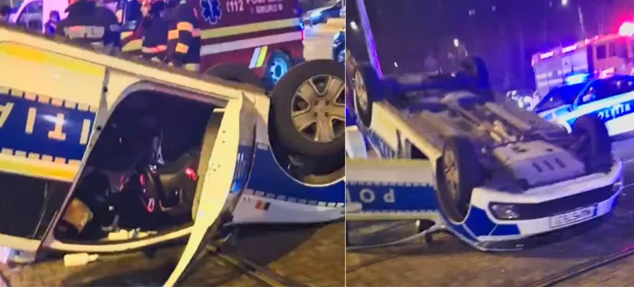 Mașina de poliție s-a răsturnat. FOTO Facebook Infotrafic Bucuresti Ilfov