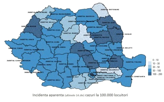 Incidenţa aparentă a  cazurilor COVID-19 pe judeţe. Imagine: CNSCBT