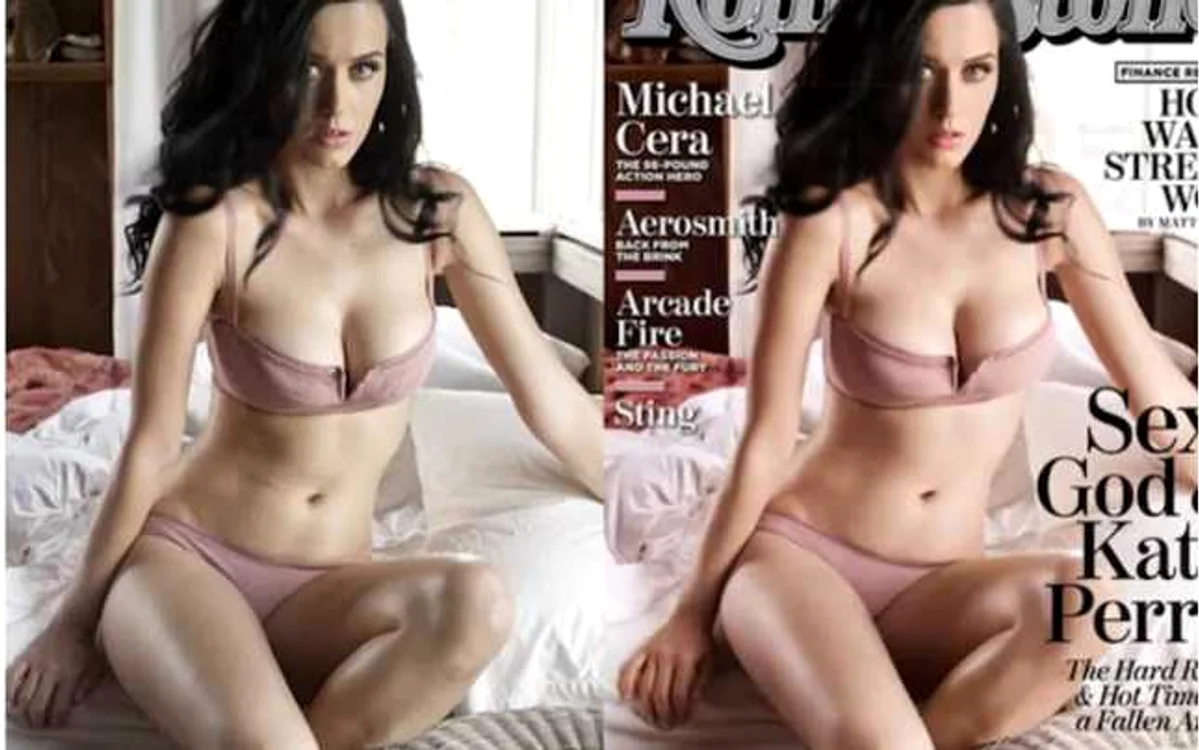 Fotografie a cântăreţei Katy Perry, înainte şi după ce a fost retuşată pentru a apărea pe coperta revistei Rolling Stone