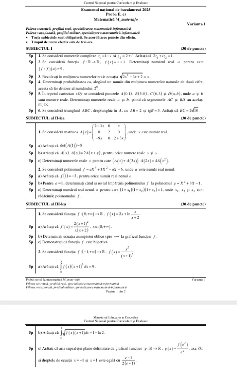Subiecte proba Matematică (profil mate-info). FOTO edu.ro