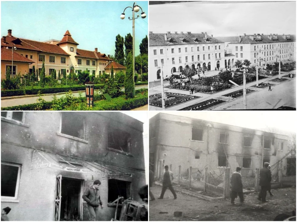 Clădiri din Cugirul comunist şi sediul Miliţiei după asediul mulţimii. Foto Arhivă