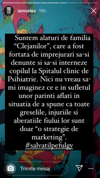 Mesajul publicat de Velea pe Instagram