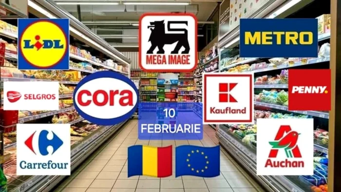 Colaj foto cu siglele supermarketurilor și hipermarketurilor