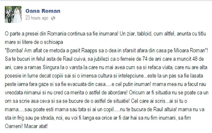 Mesajul postat de Oana Roman pe Facebook
