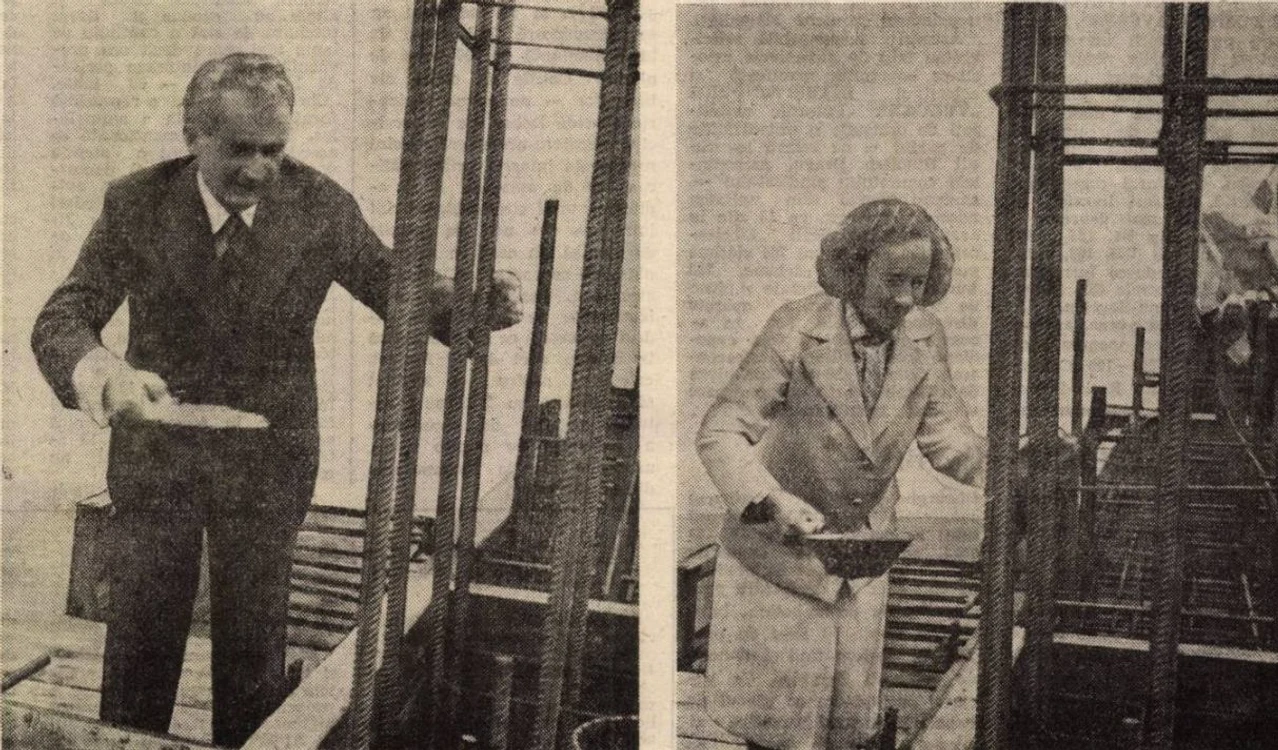 Nicolae Ceaușescu și Elena Ceaușescu, la temelia Casei Poporului. Scânteia. 1984