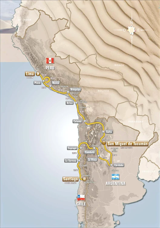 Cursa de la Dakar are  o lungime totală de  8.368 km şi trece prin  Peru, Argentina şi Chile