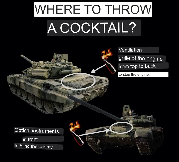 Cocteilurile Molotov, țintite în motorul tancului și în zona instrumentelor optice (față) - Twitter