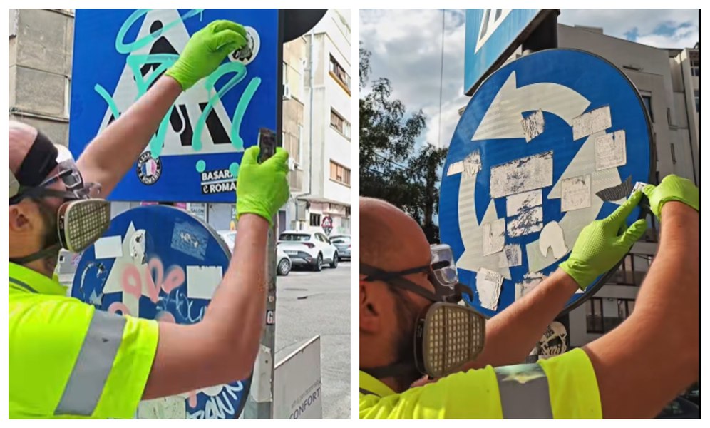 Cine este tânărul care curăţă pe banii lui indicatoarele din Capitală: „Nu sunt caiete de autografe. Hai, să le păstrăm curate!”