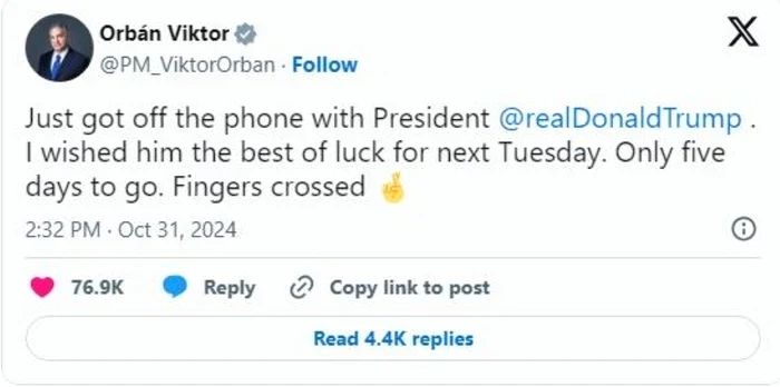 Viktor Orban a declarat că i-a urat, telefonic, succes lui Donald Trump. Foto X
