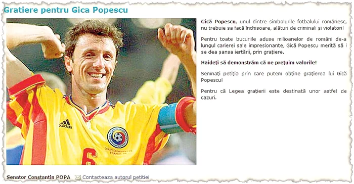 Clubul Dunărea Calafat, unde s-a lansat Gică, a iniţiat strângerea de semnături pentru eliberarea fostului fotbalist