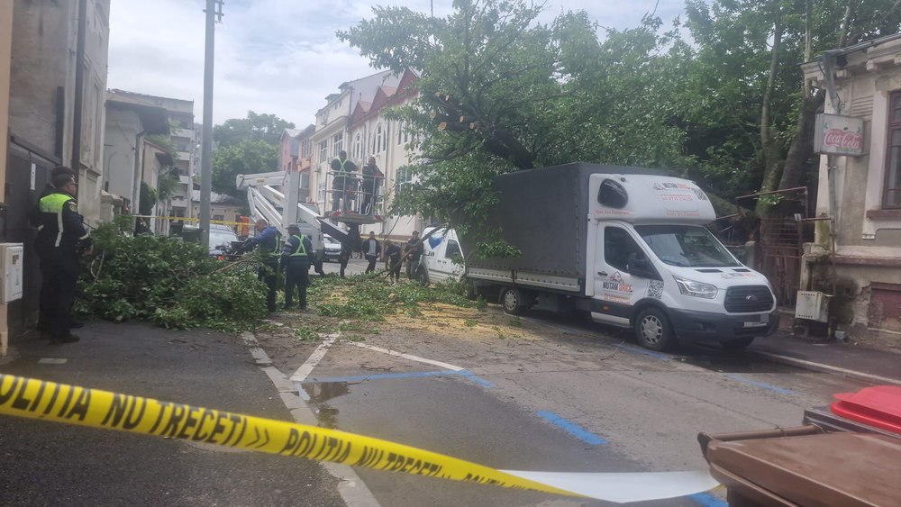 Patru autovehicule, avariate după ce un copac a căzut pe ele. Autoritățile au anunțat restricții de trafic