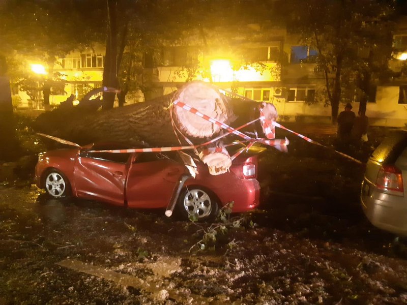 Un copac a căzut peste trei autoturisme şi mai multe curţi au fost inundate în Galați, în urma furtunii